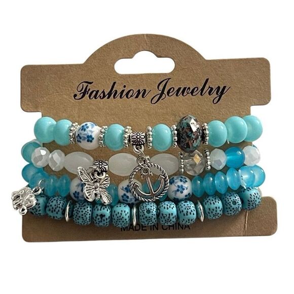 Handmade Blue Boho Bracelet Set 4pc with Anchor, Elephant & Butterfly Charms - Picture 2 of 7